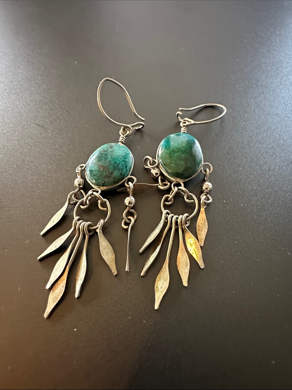 Green Stone Dangle Earrings with Silver Fringe